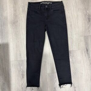 American Eagle Super Hi Rise Jegging Jeans Black Distressed Raw Hem 4 26x24